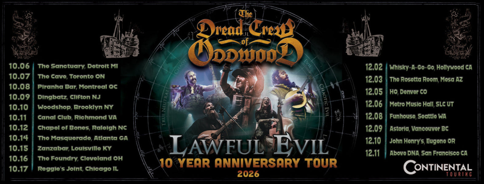 A concert poster for 'The Dread Crew of Woodwood' performing 'Lawful Evil' on their 10 Year Anniversary Tour 2026. The poster features a dark fantasy illustration of a knight in armor with a sword, set against a circular map design with city names listed on the left and right.